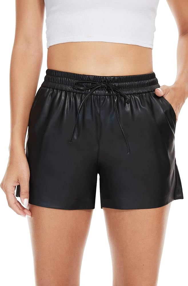 Fahsyee Black Faux Leather Shorts Women High Waisted Casual Wide Leg Size S-XXL | Amazon (US)