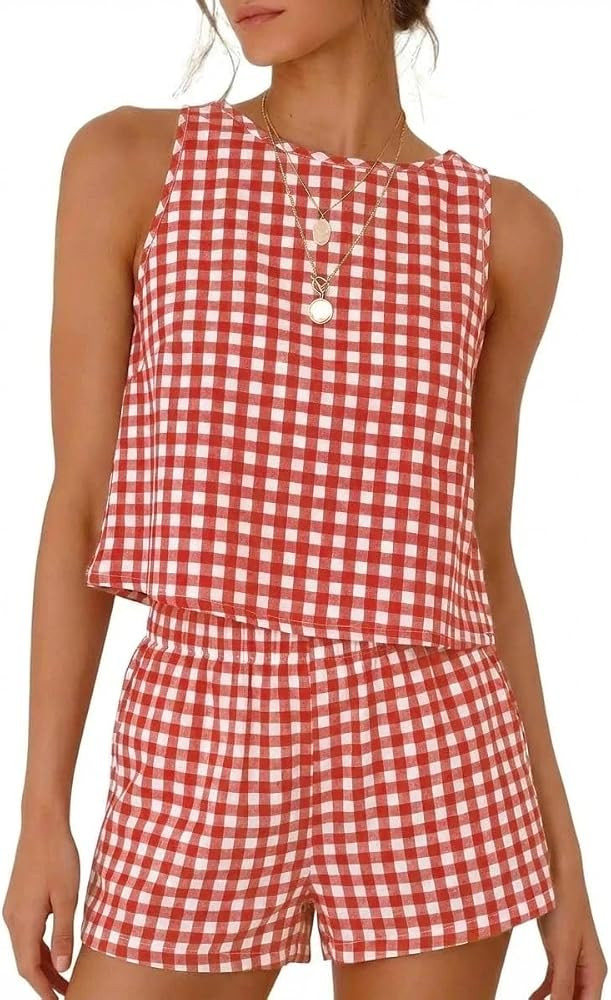 IDEALSANXUN Womens Two Piece Sets Summer Beach Spring Gingham Tank Tops and Plaid Shorts Pajama S... | Amazon (US)