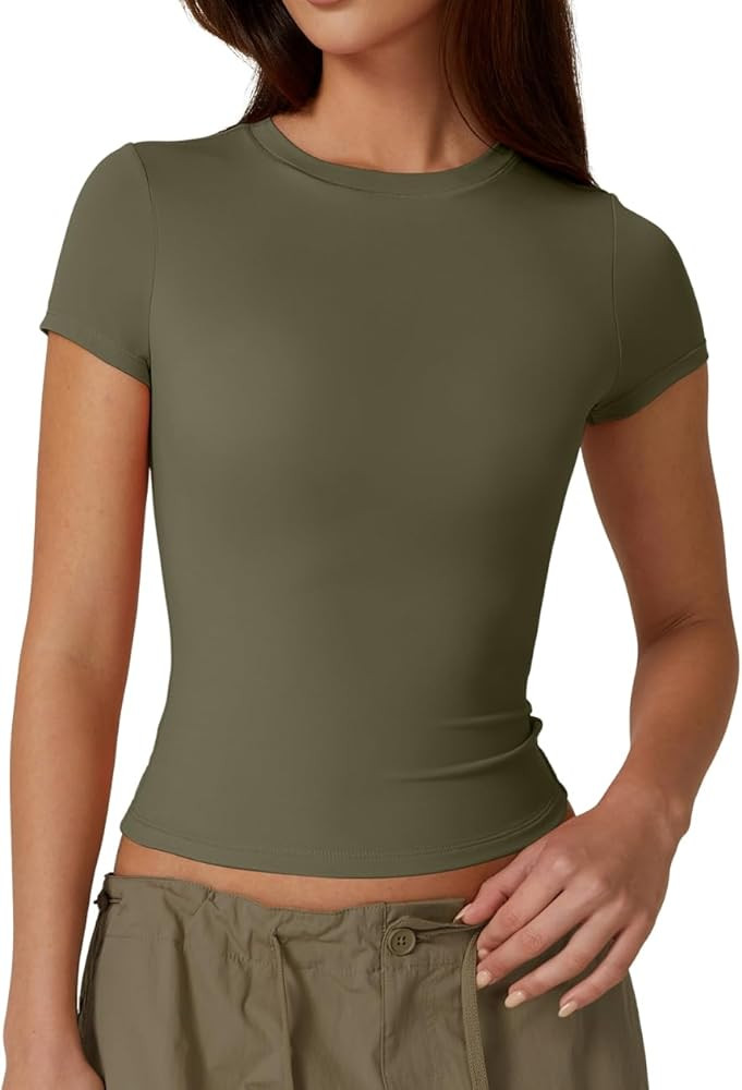 QINSEN Women's Crew Neck Short Sleeve Double-Layer Tops Basic Slim Fit Going Out T Shirt | Amazon (US)