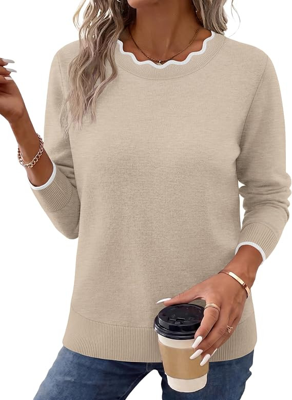 OFEEFAN Sweaters for Women Scalloped Crew Neck Pullover Cozy Sweaters Fall Outfits | Amazon (US)