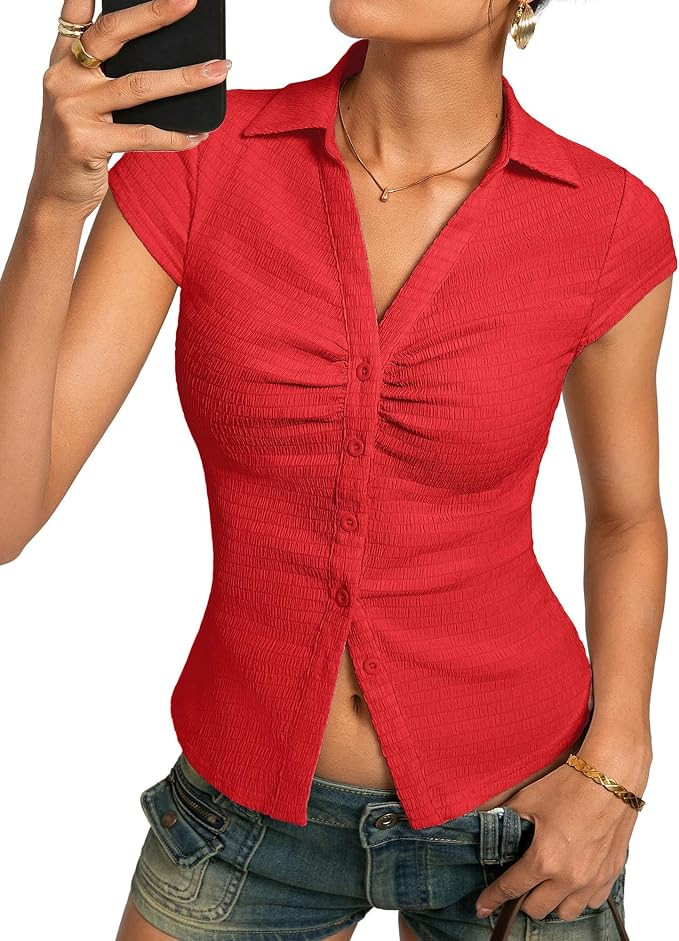 Kate Kasin Women Button Down Blouse, V-Neck Ruched Tops with Y2K Collar, Slim Fit Cap Sleeve Busi... | Amazon (US)