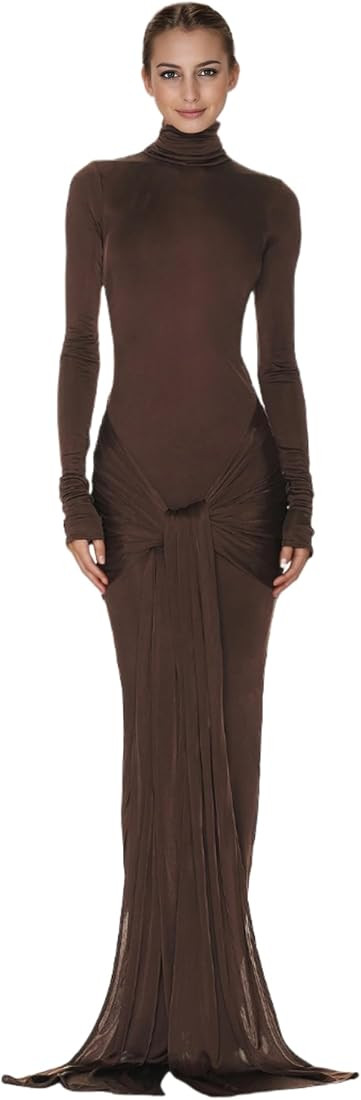 JUMISEE Women's Sexy High Neck Long Sleeve Maxi Dress Elegant Tie Waist Bodycon Long Dress Cockta... | Amazon (US)