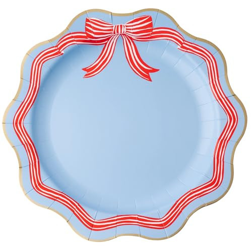 Bonjour Fête Elegant Sky Blue & Red Bow Dinner Plates | Patriotic Scalloped Paper Dinner Size for 4th of July & Americana Parties | Premium Disposable Party Plates | Pack of 8, 11" | Amazon (US)