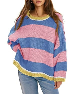 Fisoew Womens Oversized Sweaters Casual Long Sleeve Striped Color Block Crewneck Knitted Loose Fa... | Amazon (US)