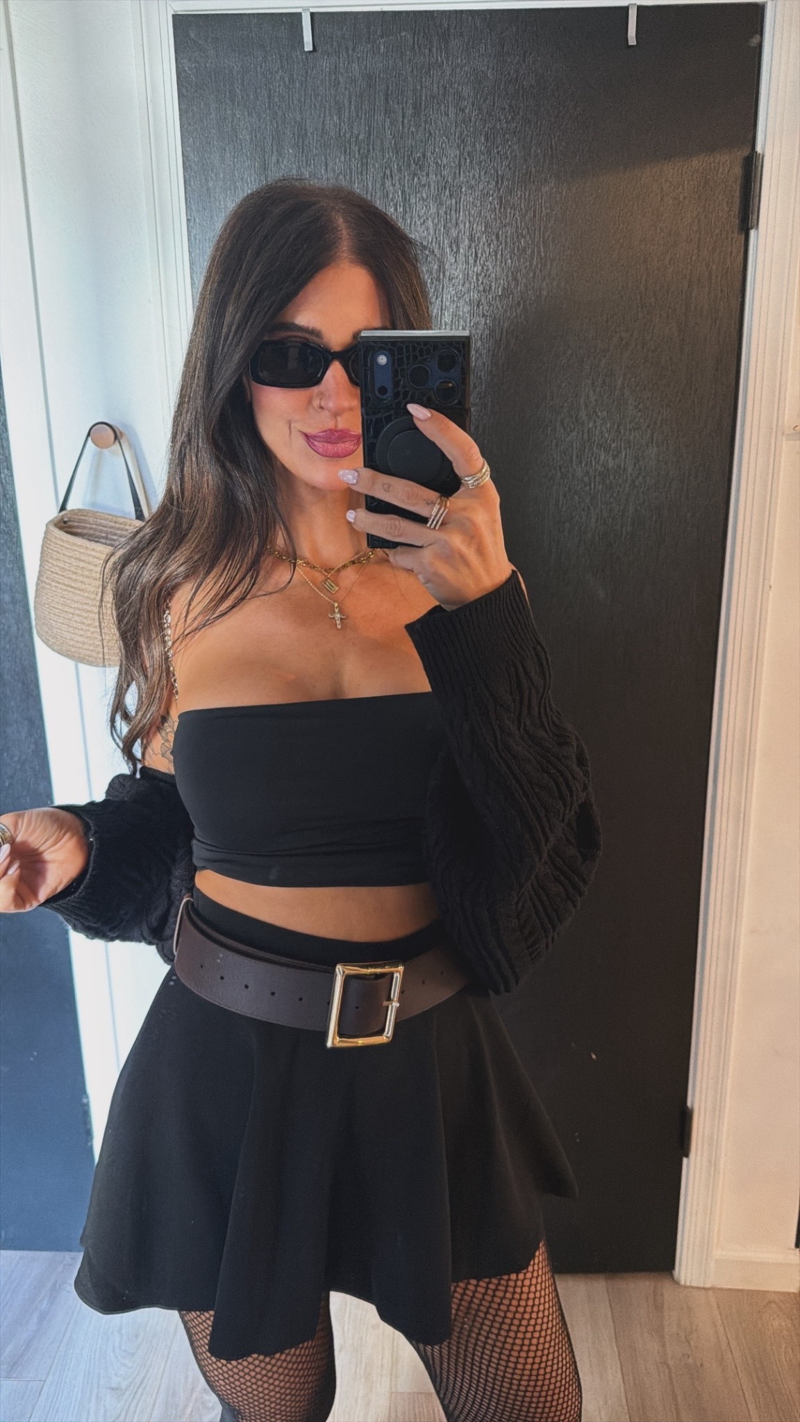 This is one of my favorite go to outfits and this wide belt makes it even cuter. It comes in both black and brown and tan. And this skirt comes in sooooo many colors and patterns. Size down in the skirt 

Women’s belts
Women’s date night outfit
Girls night out
All black outfit
Fishnet tights
Affordable sunglasses 
Spring outfit 

#LTKSaleAlert #LTKU #LTKootd