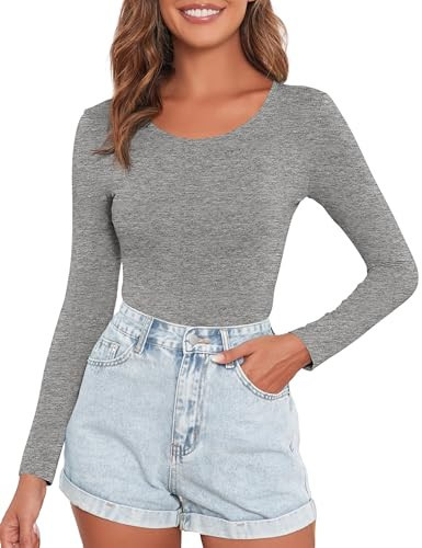 DSPSAM Women's Crew Neck Long Sleeve Bodysuits Basic Casual Going Out Cute Body Suits Fashion T-shirt 2025 (Light Grey, Medium) | Amazon (US)
