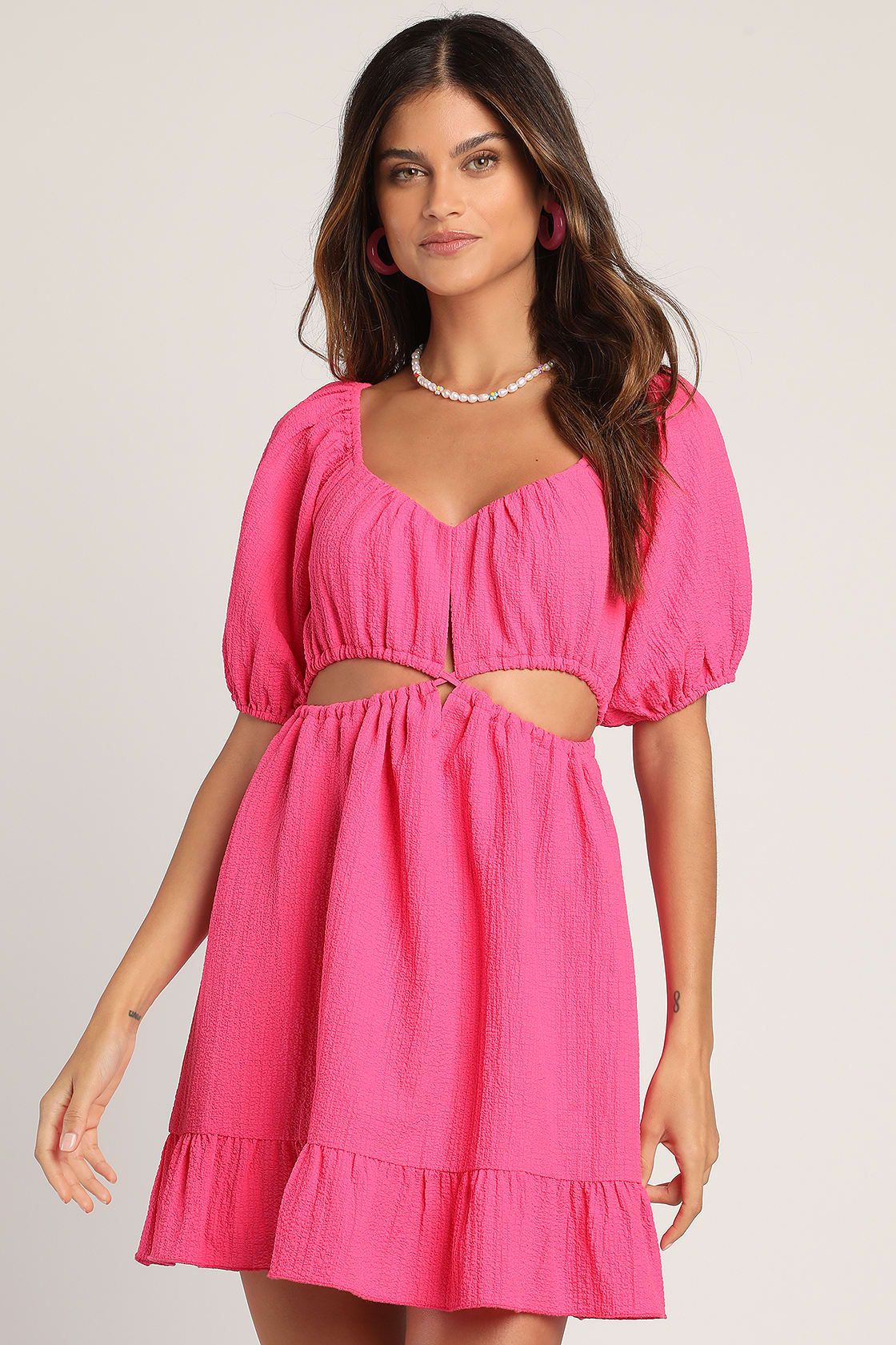 Exceptional Aura Pink Puff Sleeve V-Neck Cutout Mini Dress | Lulus (US)