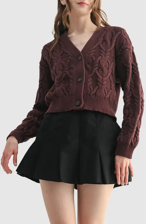 All in Favor Cable Crop V-Neck Cardigan in Brown at Nordstrom, Size Small | Nordstrom