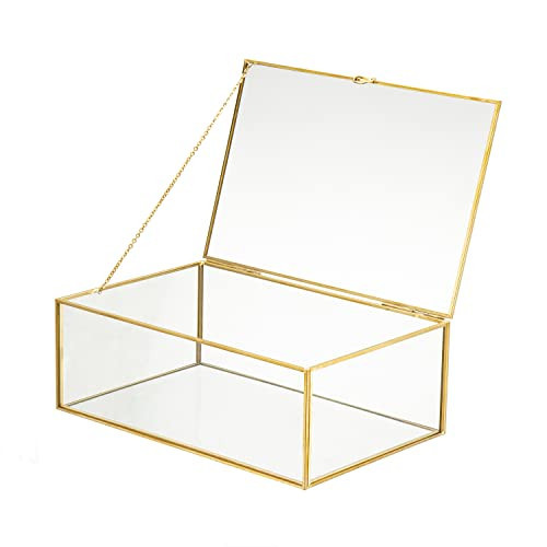 WHSLILR 13” Glass Jewelry Box Gold Card Box with Hinged Lid, Gold Keepsake Box for Storage Wedding Card, Trinkets, Photo and More, Cute Glass Box for Women and Girl,Vintage | Amazon (US)