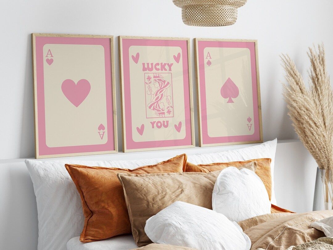 Pink Trendy Retro Wall Art Set of 3, Lucky You Poster Set, Trendy Wall Art, Lucky You Print Set, ... | Etsy (US)