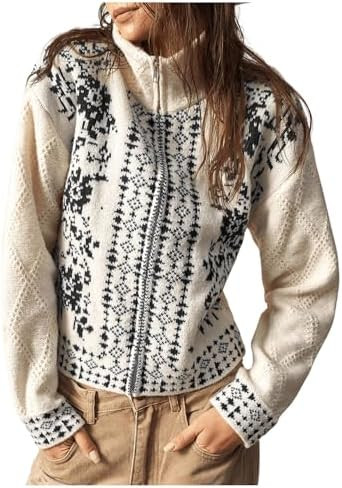 Milumia Women's Zip Cardigan Sweaters Boho Floral Printed Long Sleeve Knitwear Outerwear | Amazon (US)