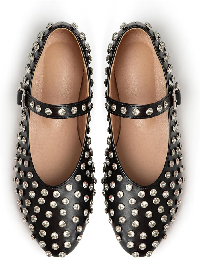 Women's Ballet Flats Shoes for Women Rhinestone Ballet Flats Sparkly Mary Jane Flats Round Toe Co... | Amazon (US)