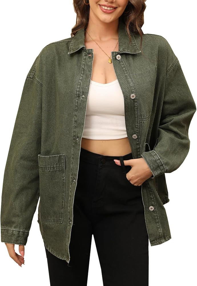 Women's Denim Jacket Oversize Long Sleeve Button Down Shirt Boyfriend Jeans Shacket Jacket Winter... | Amazon (US)