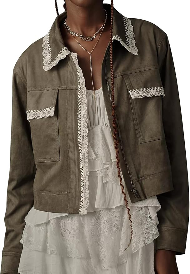 CUFEZN Women's Faux Suede Jacket with Lace Trim, Casual Boho Cropped Zip-Up Flap Pockets Jacket | Amazon (US)