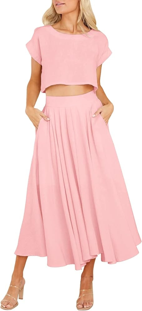 Women's Summer Two Piece Outfits Midi Dress Pleated Crop Top Flowy Flare Skirts Sets Casual Solid... | Amazon (US)
