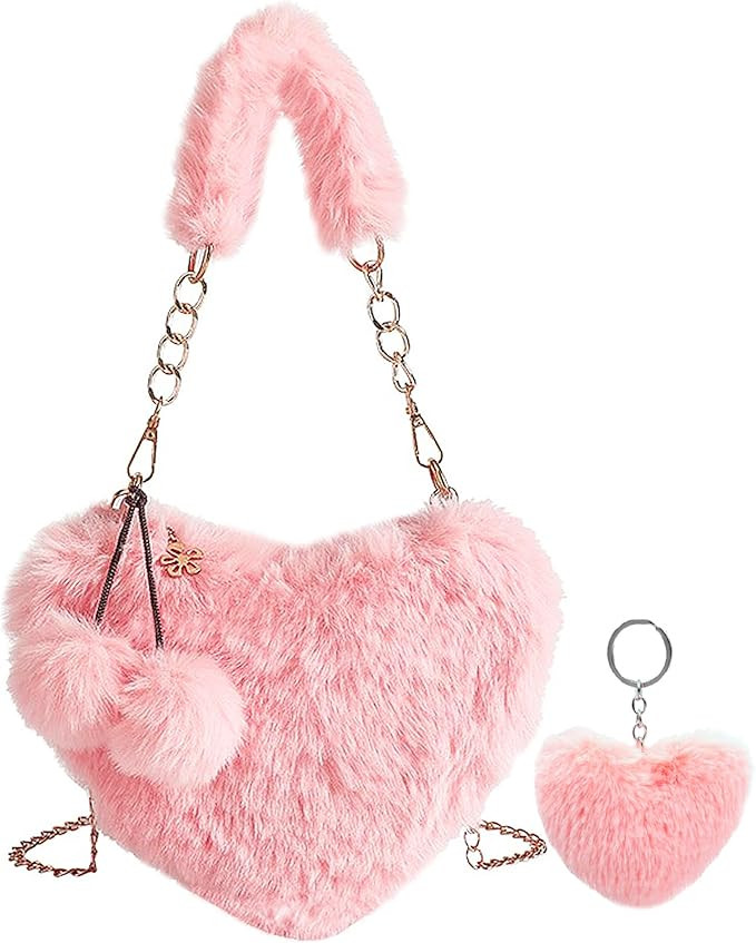 BIBDOO Furry Heart Shaped Purse for Women Cute Girls Shoulder Bag Crossbody Handbag | Amazon (US)