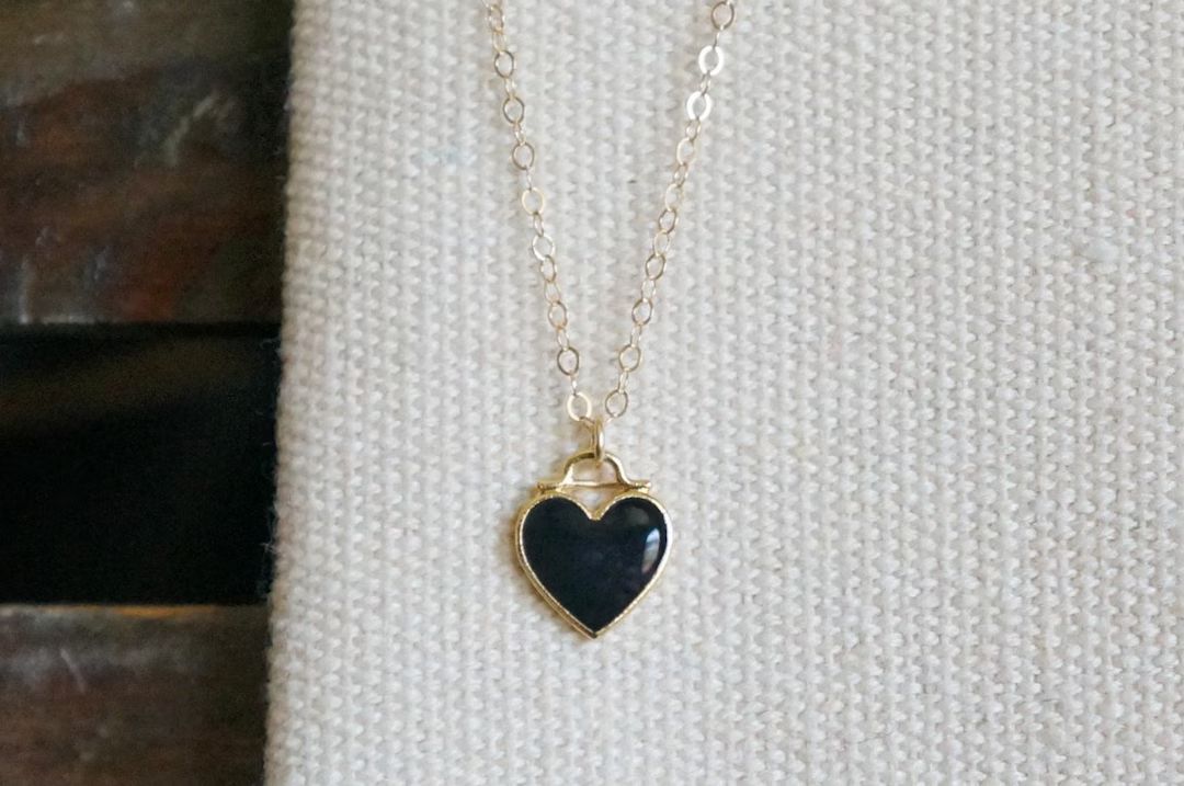Black Heart Necklace // You Warm My Cold Black Heart Black Enamel Heart Pendant on a 14k Gold Fil... | Etsy (US)