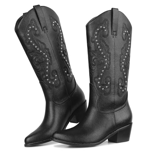 mikarka Cowboy Boots for Women Western Cowgirl Boots Embroidered Pointy Toe Sassy Chunky Heel Modern Mid Knee High Boots Black Size 10 | Amazon (US)