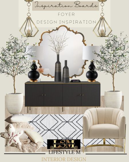 White and classy foyer design inspiration. Recreate the look at home. Black console table, white diamond foyer runner, gold brass upholstered accent chair, white throw pillow, white throw blanket, white tree planter, faux fake tree, faux fake plant, black vase, black table lamp, brass gold mirror, brass gold foyer pendant light.

#LTKhome #LTKFind #LTKstyletip