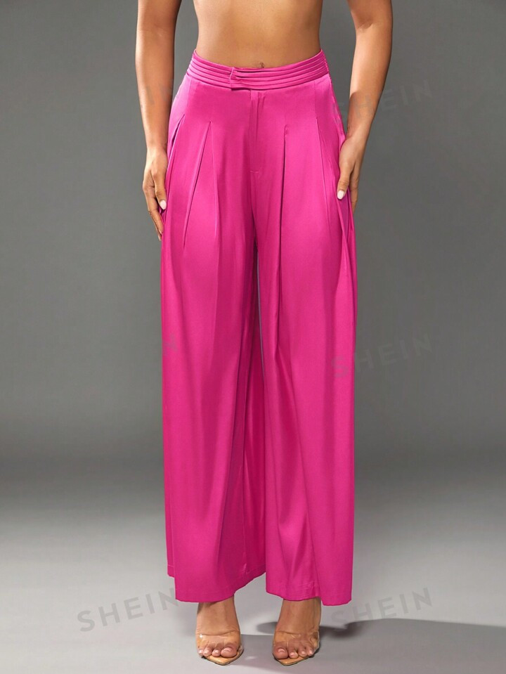 SHEIN BAE Summer Vacation Rose Red Satin Pleated Loose Women's Wide-Leg Trousers | SHEIN