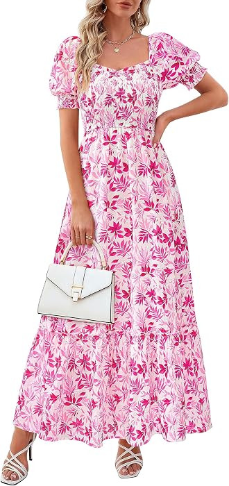 PRETTYGARDEN Women's Floral Boho Maxi Dresses Flowy Short Sleeve A Line Smocked Eyelet 2026 Summe... | Amazon (US)