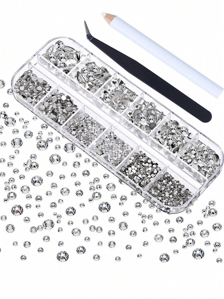 1set 2000 Pieces Flat Back Gems Rhinestones 6 Sizes (1.5-6 Mm) Round Crystal Rhinestones With Pick Up Tweezer And Rhinestones Picking Pen For Crafts Nail Clothes Shoes Bags DIY Art | SHEIN