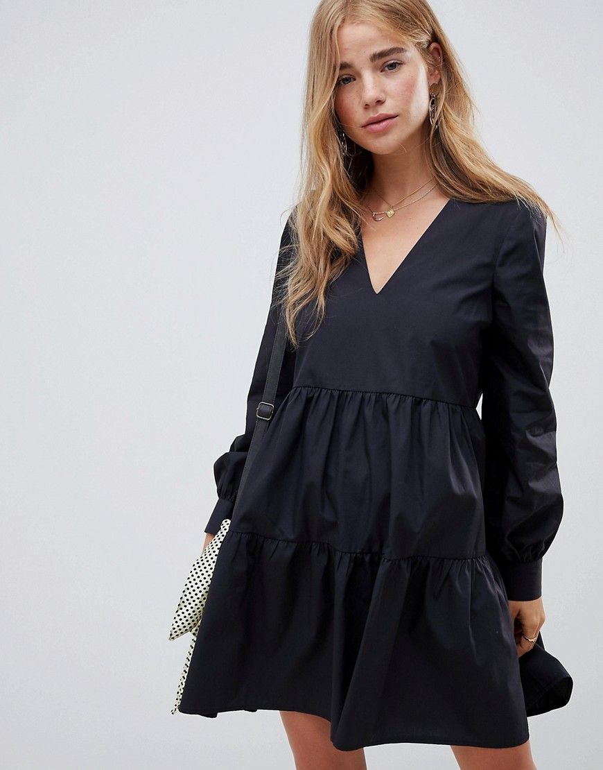 ASOS DESIGN tiered cotton smock mini dress with long sleeves - Black | ASOS US