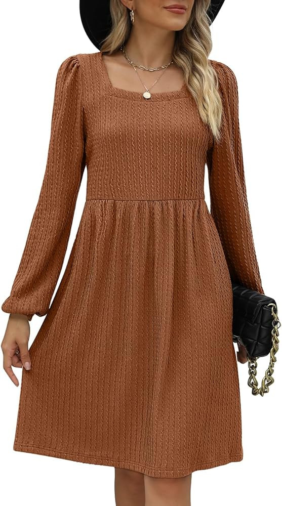 WEESO Womens Knit Dress Square Neck Long Sleeve Knee Length Babydoll Dresses | Amazon (US)
