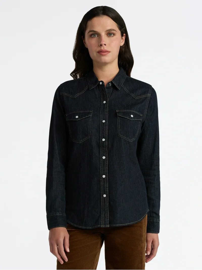 Time and Tru Women’s Lightweight Cotton Denim Shirt, Sizes XS-3XL | Walmart (US)