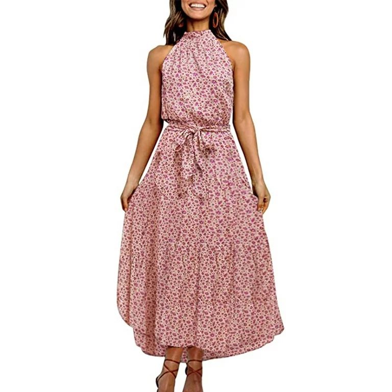SHIBEVER Casual Halter Dress for Women Summer Boho Floral Backless Sleeveless Party Maxi Dress | Walmart (US)