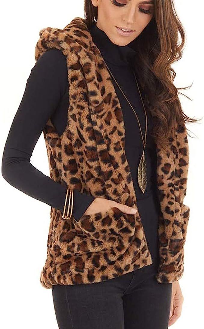 ManxiVoo Women's Autumn Winter Warm Hooded Sleeveless Leopard Print Faux Fur Vests Top with Pocke... | Amazon (US)
