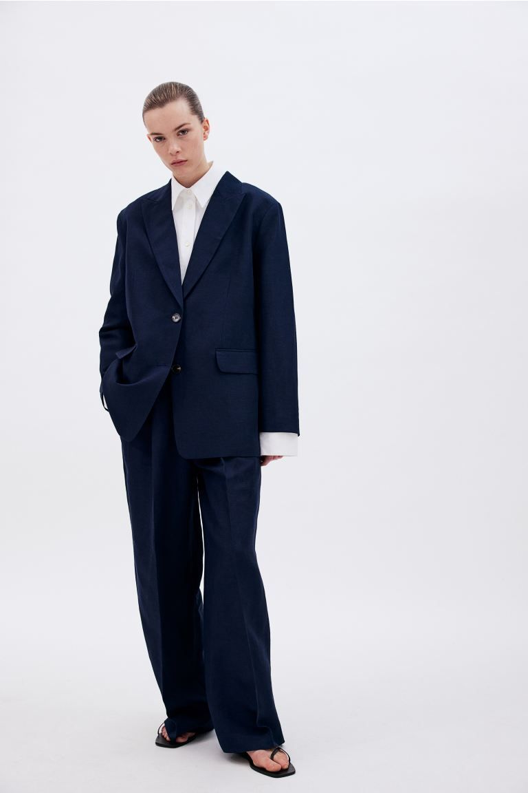 Oversized linen-blend blazer - Navy blue - Ladies | H&M GB | H&M (UK, MY, IN, SG, PH, TW, HK)