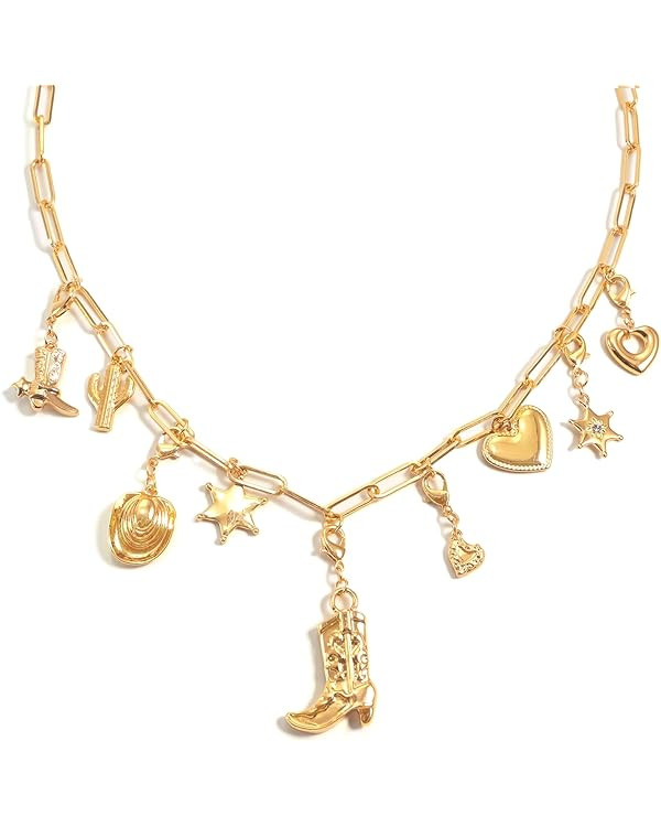 Charm Necklace for Women Chunky Gold Plated Paperclip Chain Amulet Evil Eye Jewelry Safety Pin Ne... | Amazon (US)