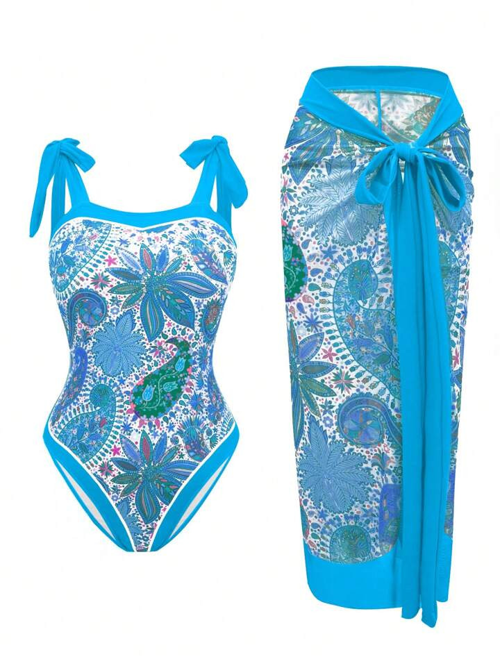 SHEIN Swim Oasis Plus Size One-Piece Swimsuit, 2pcs/Set | SHEIN