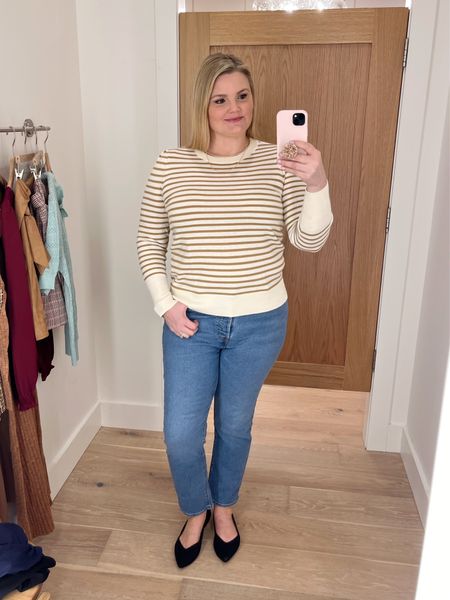 Striped lightweight sweater top is true to size. Wearing a large. Size up in the jeans, wearing a 32  

#LTKSeasonal #LTKover40 #LTKmidsize