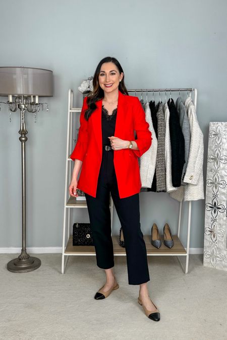 Business casual work outfit ❤️🖤

Red blazer size xs, size up if you want to button 
Black tank with lace trim size small, fits slightly big 
Black high rise ankle length pants size 4 reg, TTS
Cap toe sling backs size 7, may want to size down half size 

Work wear 
Work outfit 

#LTKworkwear #LTKfindsunder100 #LTKshoecrush