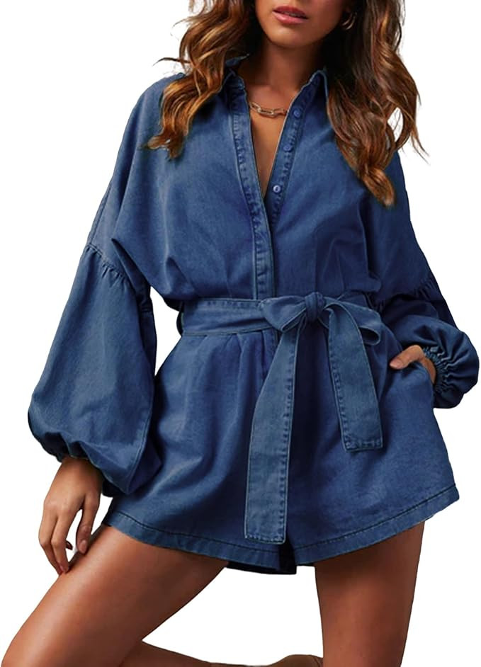 Lantern Long Sleeve Denim Romper for Women Elastic Waist Tie Front Jean Jumpsuit Short Playsuits | Amazon (US)