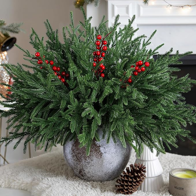 Artificial Faux Christmas Norfolk Pine Stems Branches for Vases,12 Bundles Fake Evergreen Real To... | Amazon (US)