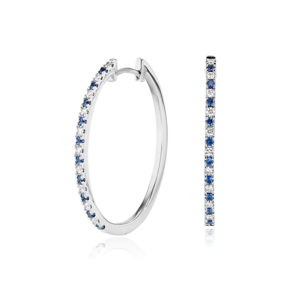 Sapphire and Diamond Oval Hoop Earrings in 14k White Gold (1.4mm)"" | Blue Nile