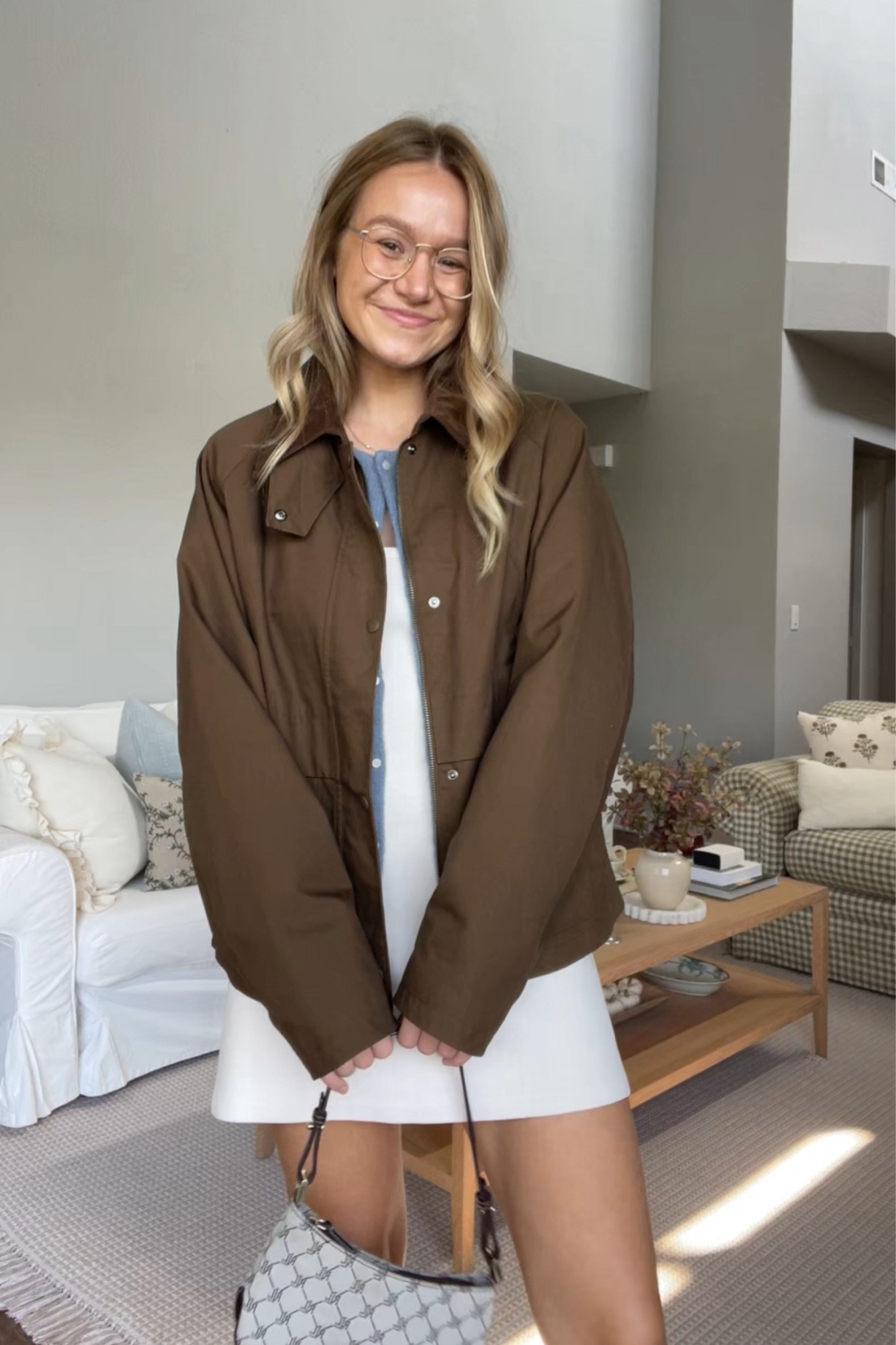 Jacket is Uniqlo wearing a size medium (wish I got a small!). Dress is Amazon wearing size medium. Sweater is Sezane wearing size small (runs small size up!). Shoes are adidas. Purse is vintage Ralph Lauren