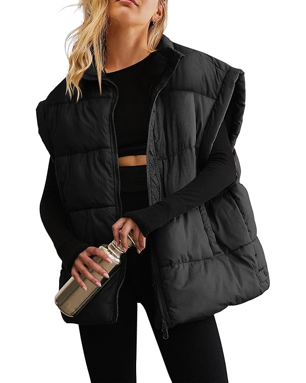 ReachMe Womens Oversized Puffer Vests Stand Collar Puffy Vest Tops Cap Sleeve Quilted Jacket Wint... | Amazon (US)