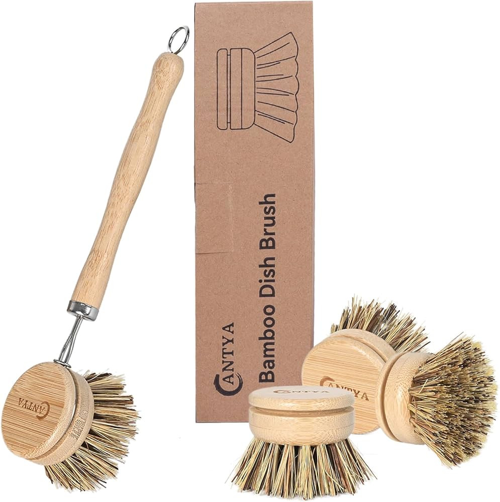 Dish Scrubber with Handle - 4 Replacement Heads, Eco Hard Bristles Kitchen Dish Brush Wood, Compo... | Amazon (US)