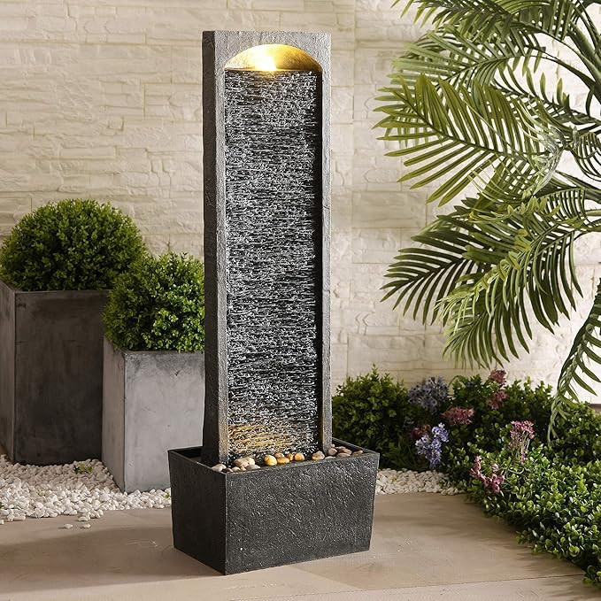 Teamson Home 38.5" Faux Slate Contemporary Outdoor LED Waterfall Fountain with Pebble Base, Gray/... | Amazon (US)