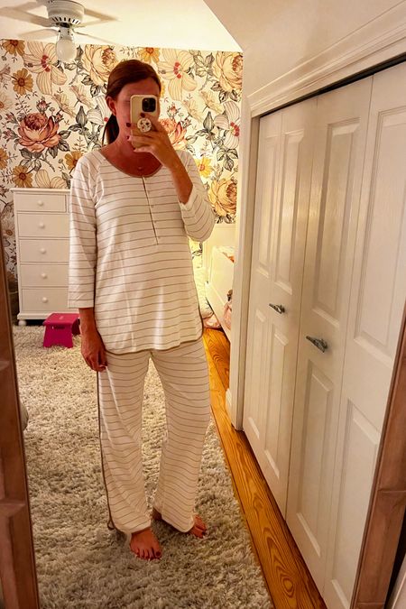 Loving my new Lake pajamas! This is my first time trying their maternity and postpartum style. The top is longer to accommodate a growing bump and it has a snap henley for easy nursing postpartum. I wear my true size medium. 

#LTKbump