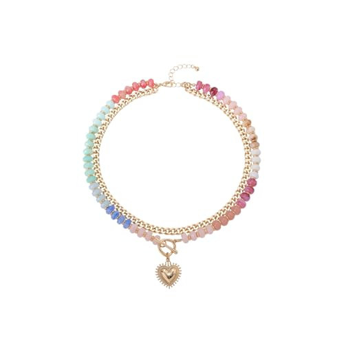 sunglnl Colorful Acrylic Beaded Necklace For Women, Boho Double Layer Rainbow Beads Thick Cuban Chain Chunky Heart Pendant Statement Choker Summer Beach Jewelry Gift (Colorful Beaded Gold) | Amazon (US)