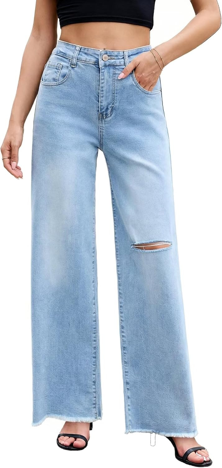 Allimy Womens Wide Leg Jeans High Waisted Stretch Raw Hem Denim Pants | Amazon (US)