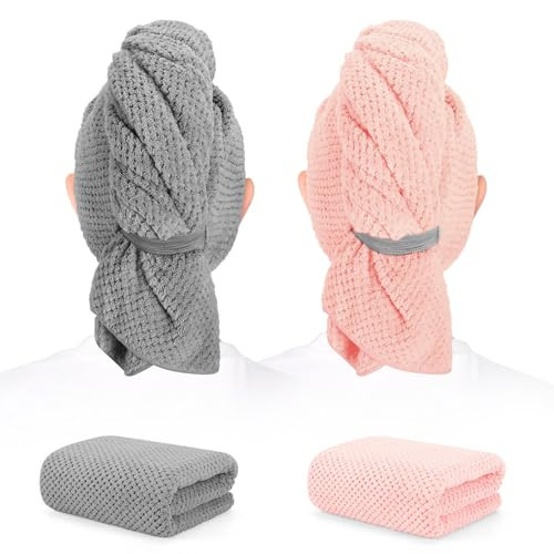 BEoffer 2 Pack Microfiber Hair Towel - 41 x 24 inches Super Soft, Absorbent, Fast Drying Without Frizz Hair Towel Wrap for Women Long, Thick, Curly Hair - Hair Turbans with Elastic Strap | Amazon (US)