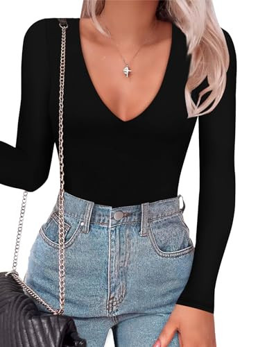 SAUNGKUAI Women's Plunge Deep V Neck Long Sleeve Bodysuit Double Lined Thong Body Suit Shirt Tops Black L | Amazon (US)