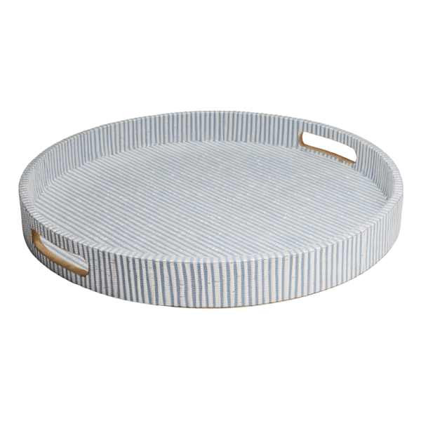 Blue Striped Woven Tray with Inlay Handle, 18" | At Home