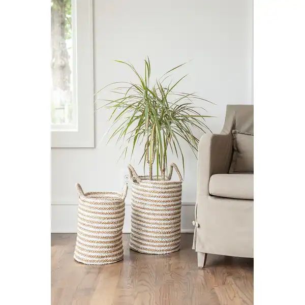 White & Natural Striped Seagrass Baskets with Handles - Set of 2 - 12" W x 12" D x 16" H - Overst... | Bed Bath & Beyond